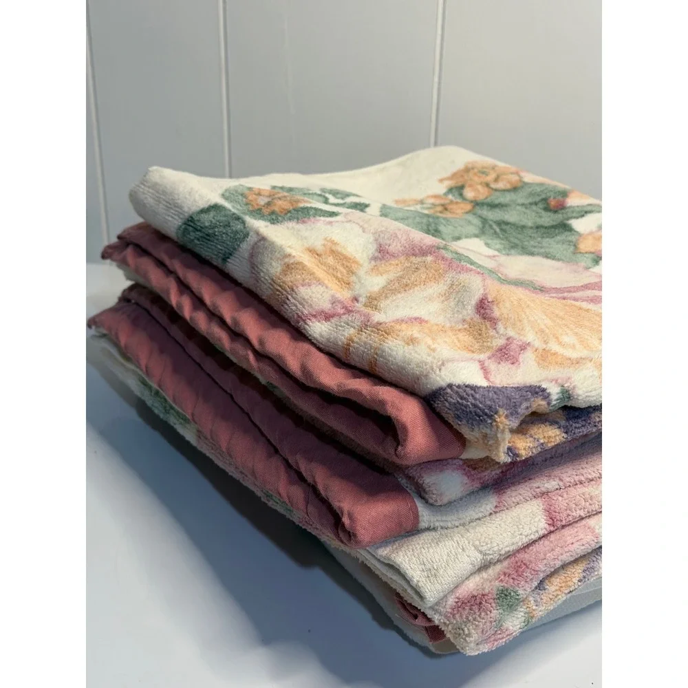 VTG Bath Towels Floral Pink Purple Orange Cream Botanical Garden Set of 3 Retro